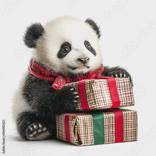 Adorable Panda with Christmas Gifts on White Background