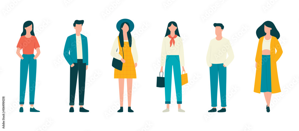 Men and women stand in different poses isolated on white background