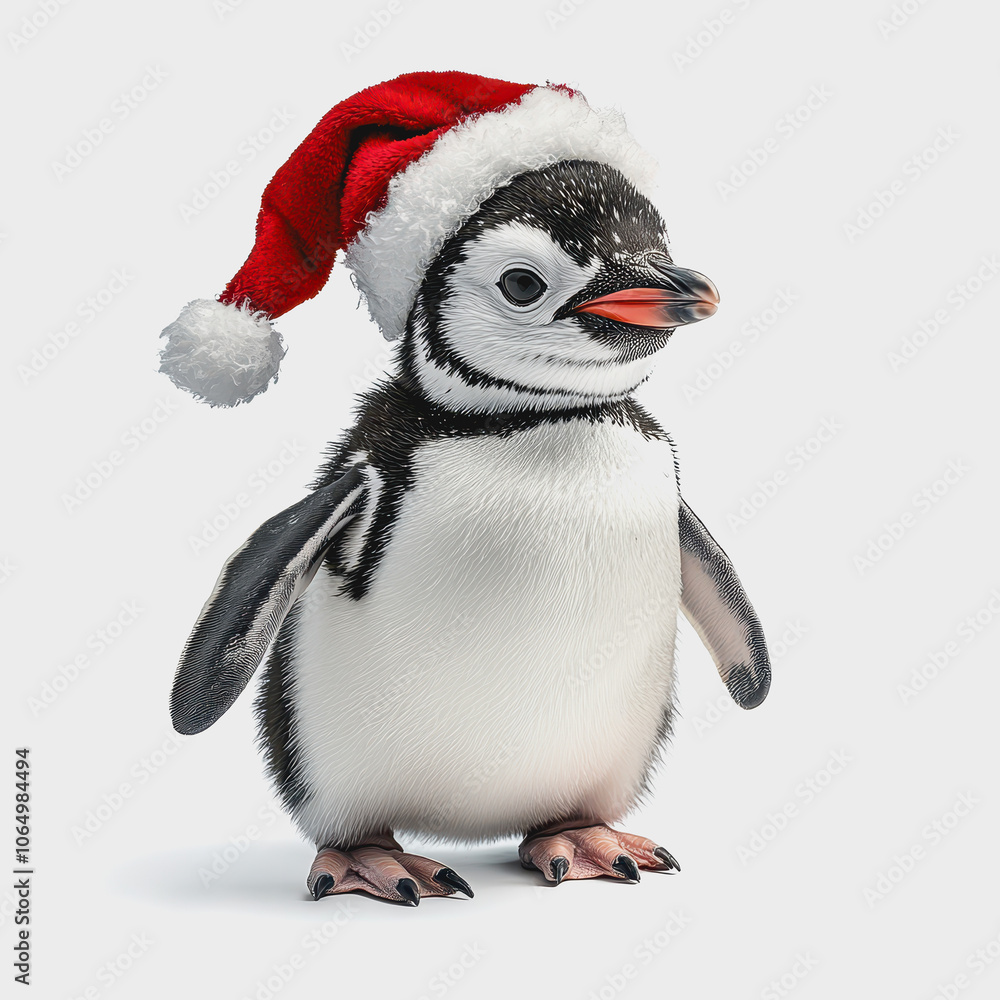 Obraz premium Cute Penguin Wearing Santa Hat on White Background