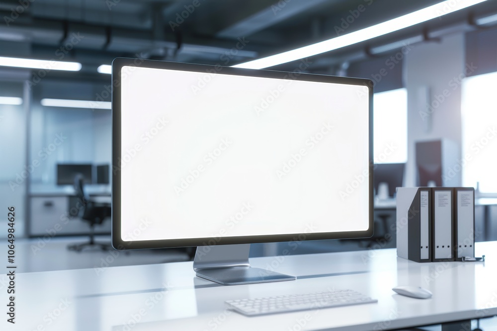 Blank white monitor screen in a modern office space, ideal for design mockups Blank white monitor screen in a modern office space, ideal for design mockups