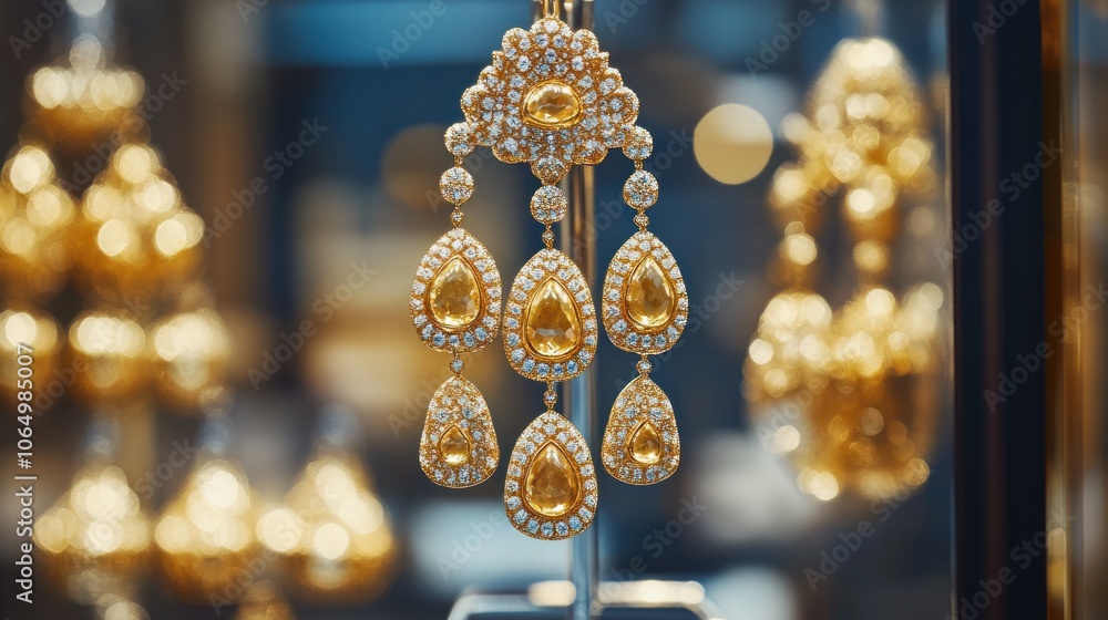 Gold chandelier earrings hanging elegantly from a jewelry stand in a high-end boutique Gold chandelier earrings hanging elegantly from a jewelry stand in a high-end boutique