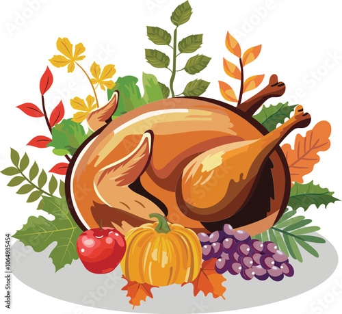 Roasted Chicken with Fruits, Pumpkin and Autumn Leaves Elements on White Background for Thanksgiving Day.