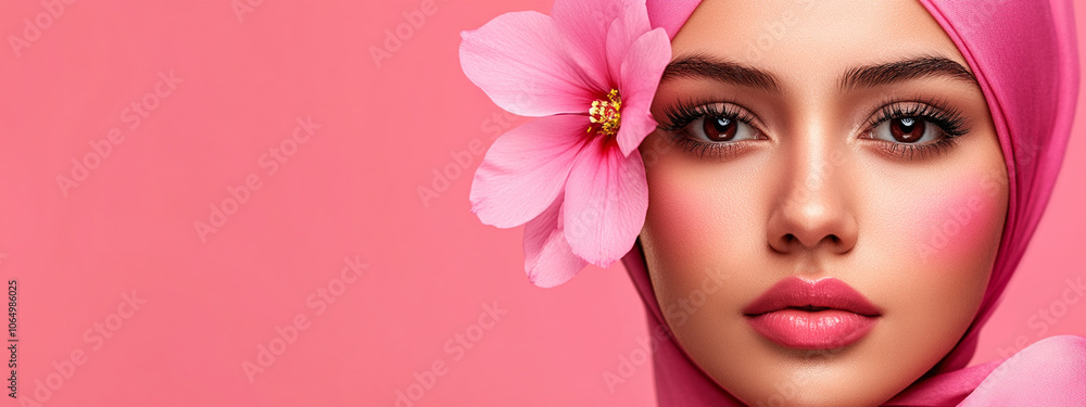 Fototapeta premium Beautiful young woman with flowers and petals on her face. Beauty parlor horizontal banner concept, copyspace Pink background. 