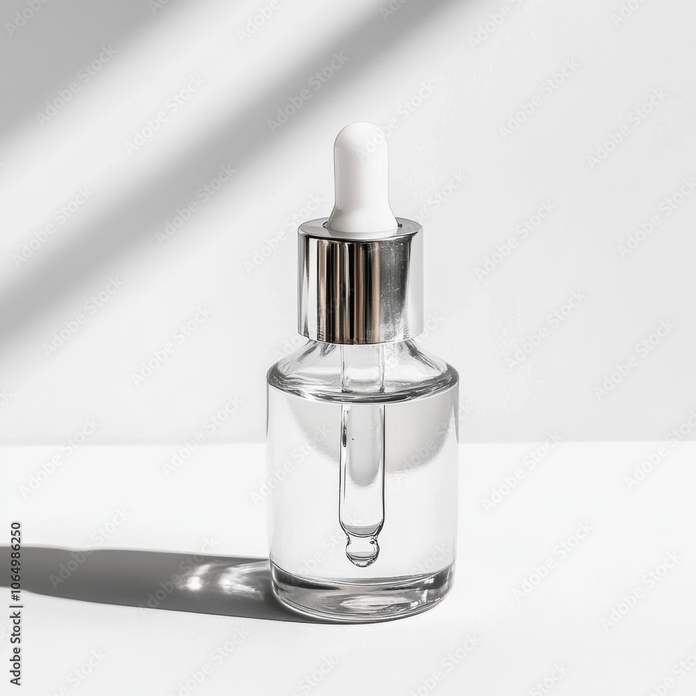 Clear Serum Bottle with Dropper in Minimalist Setting Clear Serum Bottle with Dropper in Minimalist Setting