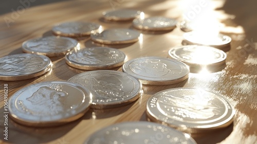 Multiple silver coins scattered across a polished wooden table, with light reflecting off their metallic surfaces photo