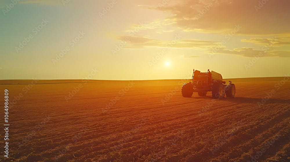 Fototapeta premium Tractor spraying a field at sunset.