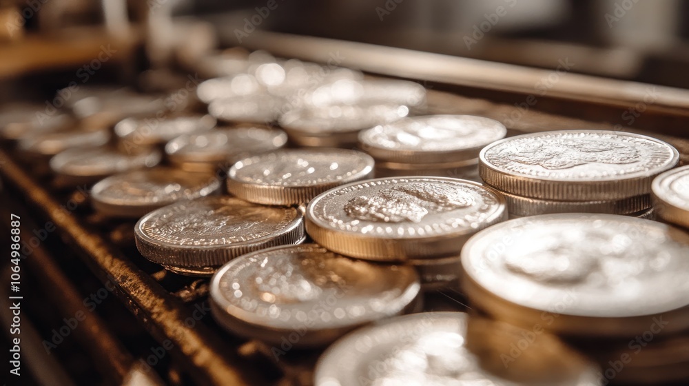 Silver-plated coins resting on a drying rack after being freshly coated, with the smooth surfaces gleaming under bright lights Silver-plated coins resting on a drying rack after being freshly coated, with the smooth surfaces gleaming under bright lights