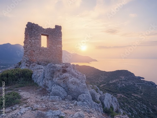 Ruined Tower on a Cliffside Overlooking the Sea at Sunset photo