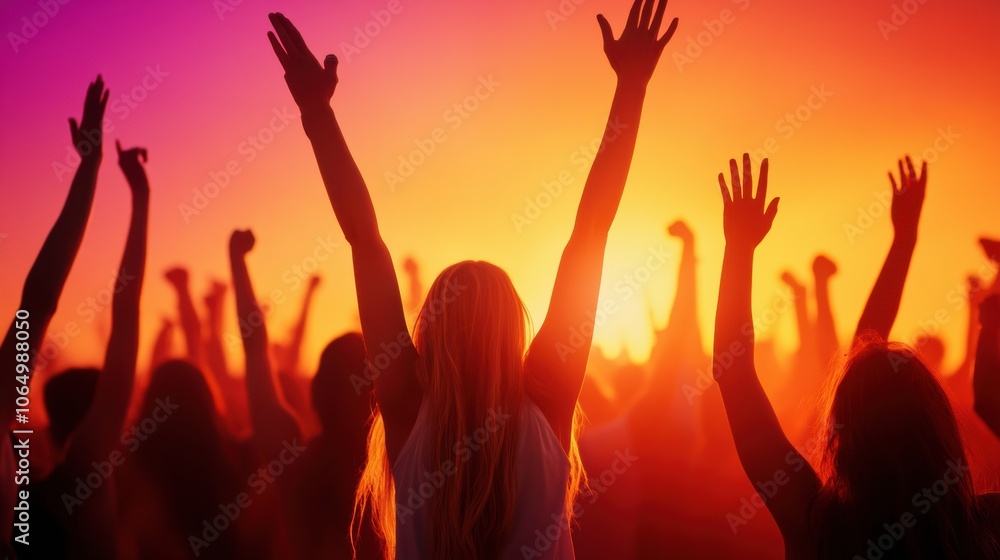 Joyful crowd celebrating at sunset with raised hands in vibrant colors, AI Joyful crowd celebrating at sunset with raised hands in vibrant colors, AI