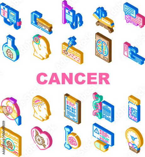 cancer treatment chemotherapy icons set vector. immunotherapy radiotherapy, surgery targeted, hormone precision, oncologist, biopsy cancer treatment chemotherapy isometric sign illustrations
