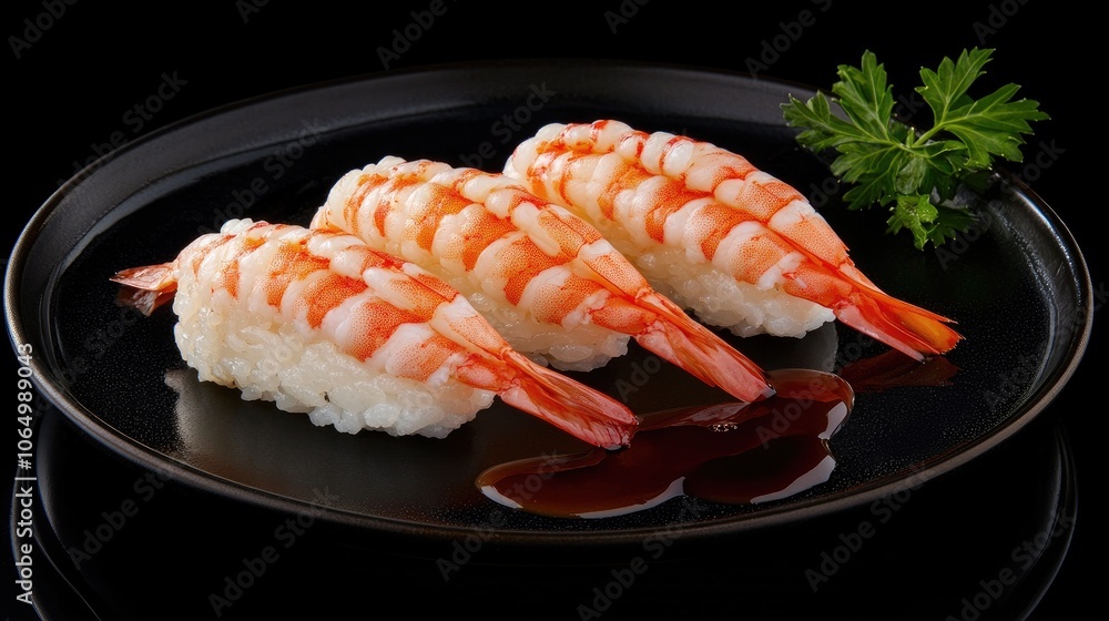 Delightful Ebi Shrimp Nigiri on Plate Delightful Ebi Shrimp Nigiri on Plate