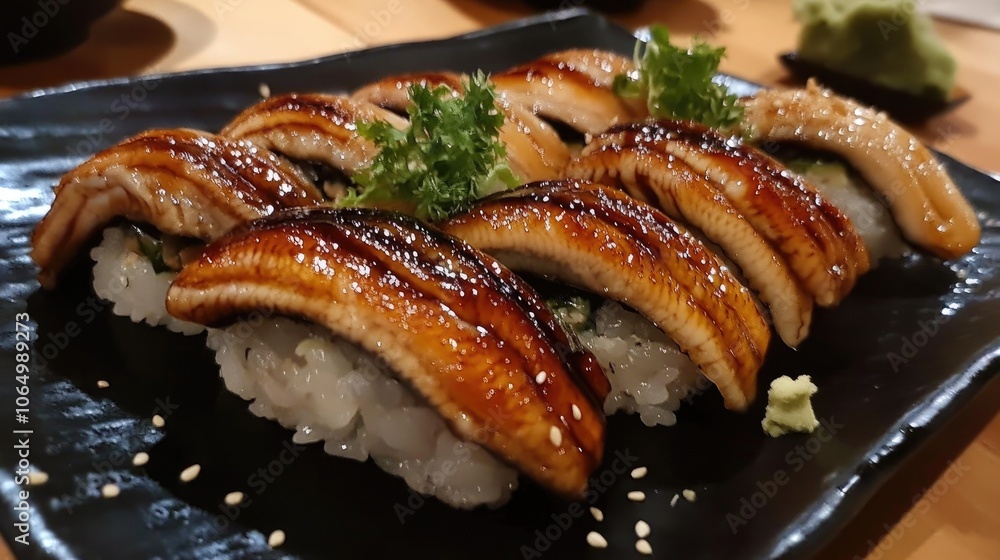 Delicious Unagi Eel Nigiri on a Black Plate Delicious Unagi Eel Nigiri on a Black Plate