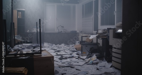Fényképezés Office robbery at night or murder case: Papers and office equipment scattered at crime scene
