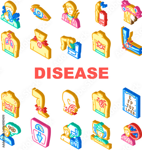 disease symptom fever cough icons set vector. fatigue headache, nausea rash, chills, dizziness pain, swelling vomiting, diarrhea disease symptom fever cough isometric sign illustrations