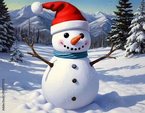 A cheerful snowman in red hat and scarf stands against backdrop of snow-covered mountains in winter photo