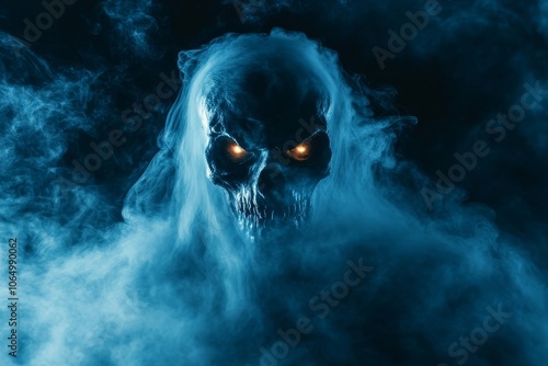 Face of ghost made of smoke and mist on dark background.