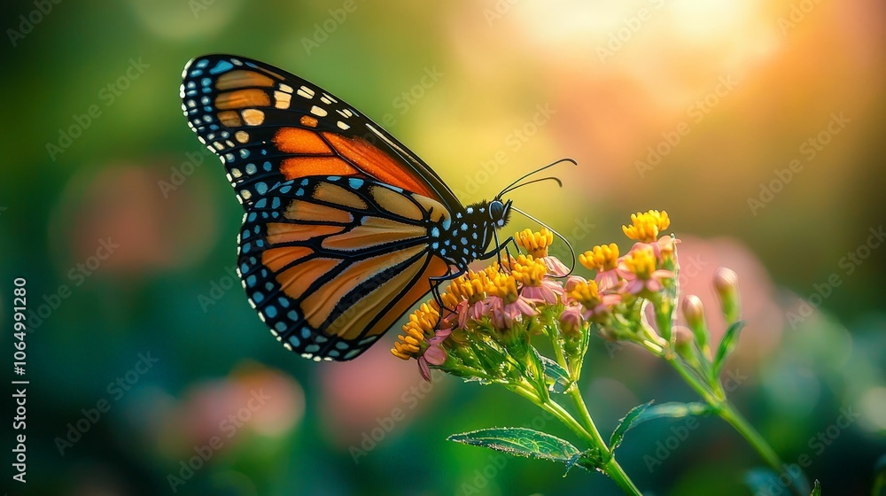 Fototapeta premium A vibrant monarch butterfly perched on colorful flowers, surrounded by soft, glowing light in a lush garden setting.