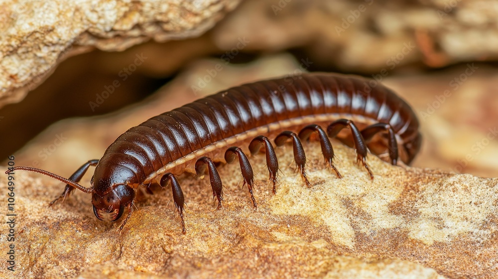 Fototapeta premium A close-up image of a brown millipede crawling over rocky terrain, showcasing its segmented body and distinctive legs.