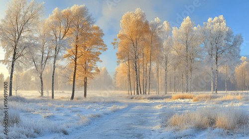 Wallpaper Mural Winter Landscape Featuring Frosted Trees and a Snowy Path at Dawn in a Tranquil Setting, Showcasing Nature's Beauty Torontodigital.ca