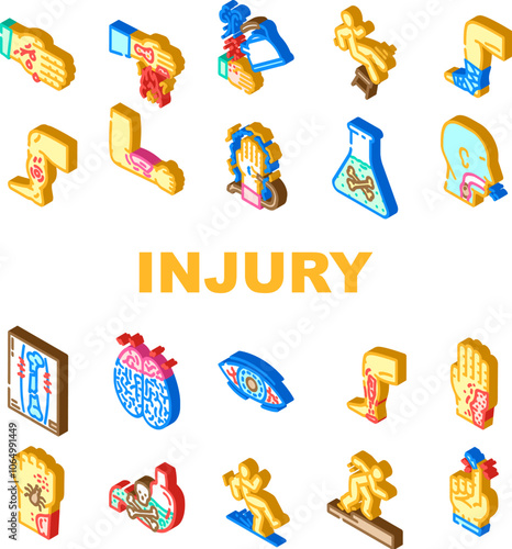 household injury fall burn cut icons set vector. slip trip, bruise sprain, fracture shock, poison choke, scald crush, strain puncture household injury fall burn cut isometric sign illustrations