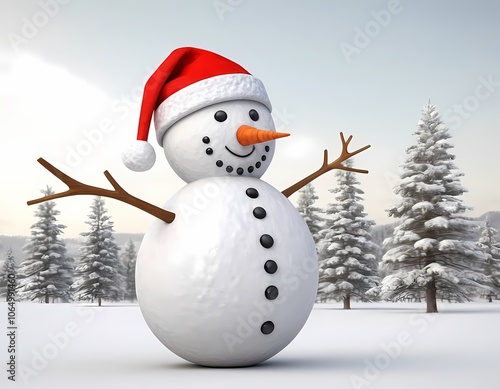 A cheerful snowman in red hat and scarf stands against backdrop of snow-covered mountains in winter photo