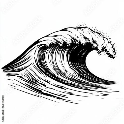 Minimalist line art of an ocean wave with a sharp crest, isolated on a white background. photo