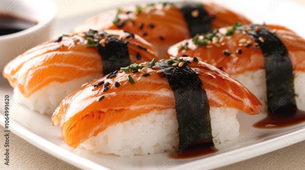 Fresh Salmon Sushi on a Plate with Garnishes Fresh Salmon Sushi on a Plate with Garnishes
