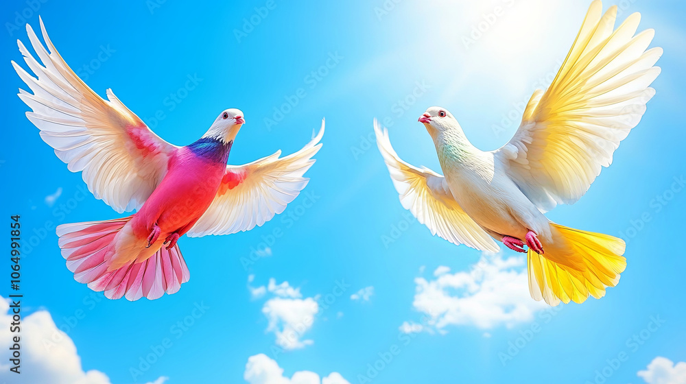 Colorful Doves Soaring in a Clear Blue Sky During Daytime Under Bright Sunlight Colorful Doves Soaring in a Clear Blue Sky During Daytime Under Bright Sunlight