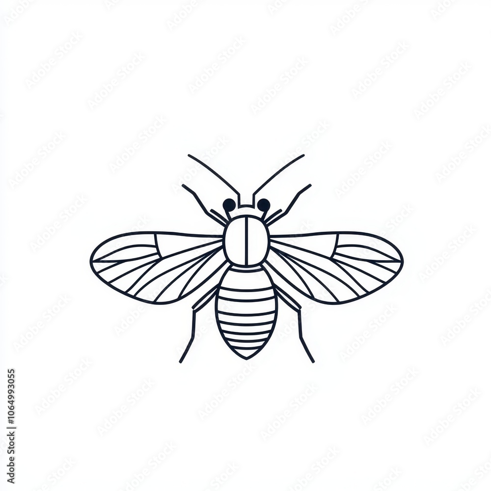 Fototapeta premium Minimalist line art of a bee with small wings and a striped body, isolated on a white background.