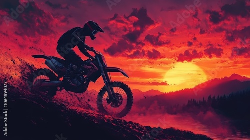 silhouette of a motocross racer against a vibrant sunset.