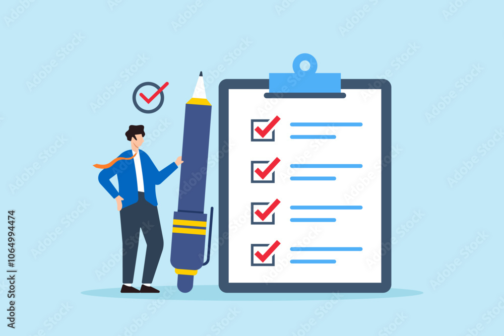 Flat illustration of manager hold pen complete task on business checklist clipboard Flat illustration of manager hold pen complete task on business checklist clipboard