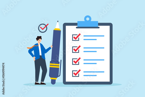 Flat illustration of manager hold pen complete task on business checklist clipboard