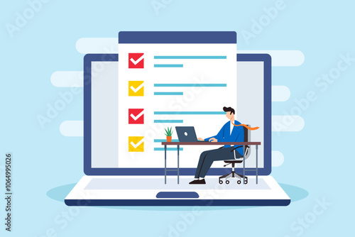 Flat illustration of sales manager fill business checklist on laptop screen in office desk