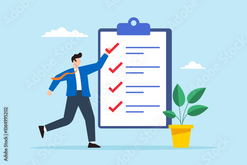 Flat illustration of businessman consultant giving check mark verify step on business checklist in clipboard
