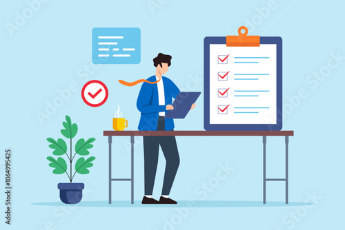 Flat illustration of man office worker organize business checklist on desk