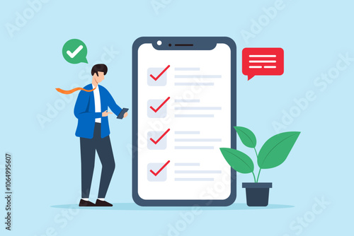 Flat illustration of project manager marking tick business checklist on smartphone screen