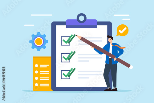 Flat illustration of male supervisor use pencil double check business checklist on clipboard