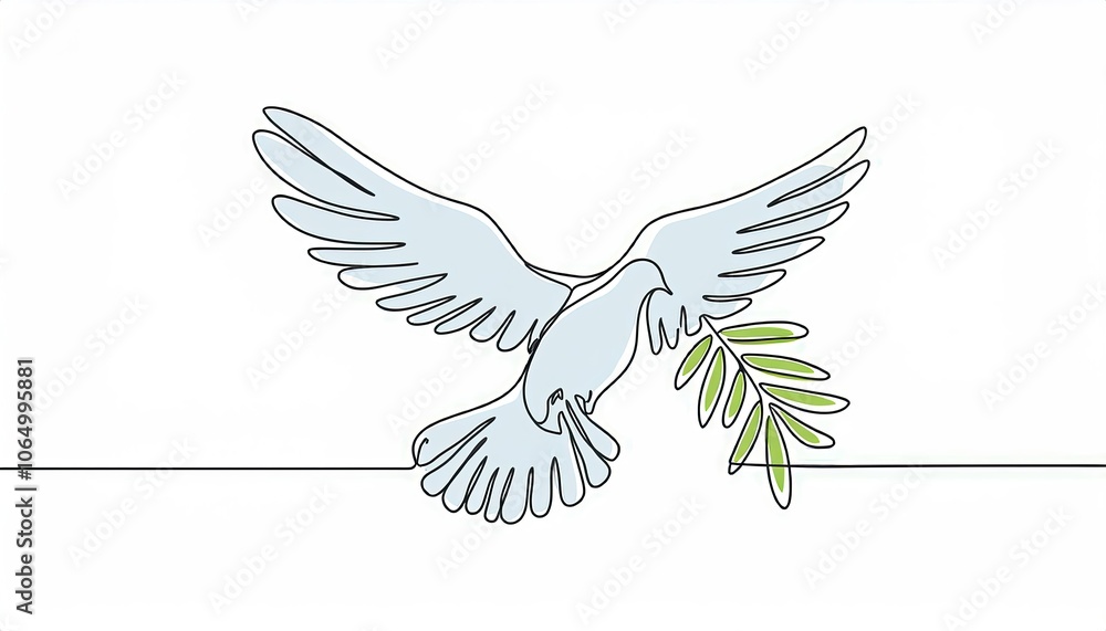 Fototapeta premium One continuous line drawing of dove of peace flying with green olive twig. Bird and branch symbol of peace and freedom in simple linear style. Pigeon icon. Doodle vector