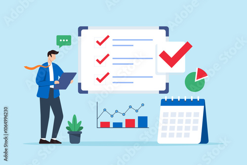Flat illustration of marketing manager review business checklist on whiteboard with checkmark calendar graph and pie chart