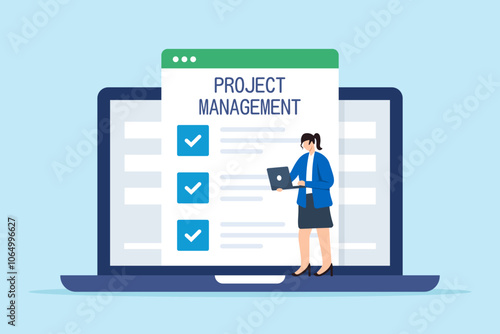 Flat illustration of female freelancer update business checklist in project management software or website on laptop screen
