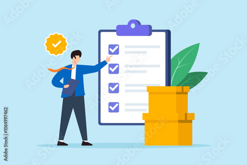 Flat illustration of quality control manager check compliance product with checklist clipboard and checkmark guarantee badge