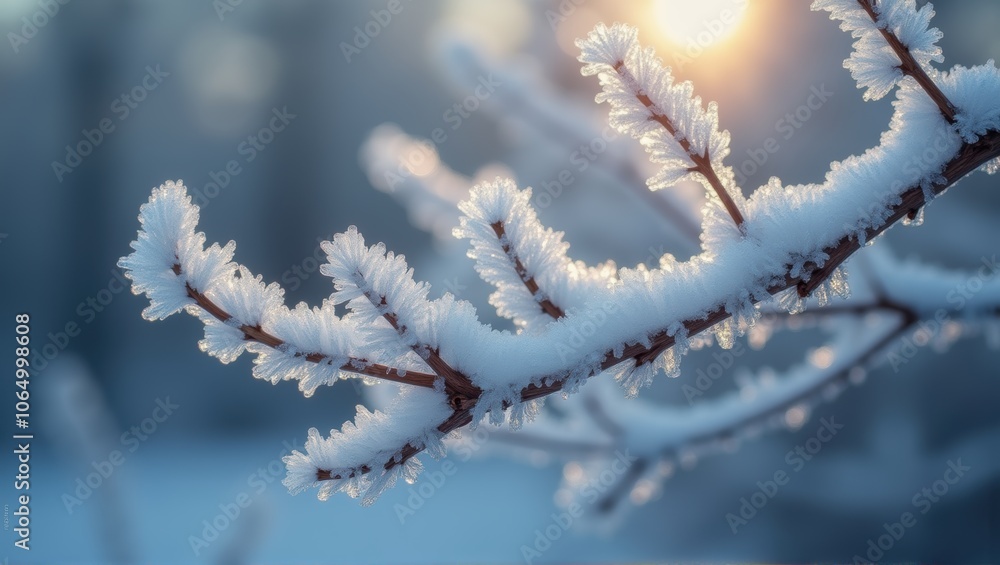 Frost-covered branches against a blurred background, delicate ice crystals visible, embodying serene winter beauty. Generative, AI, Frost-covered branches against a blurred background, delicate ice crystals visible, embodying serene winter beauty. Generative, AI,