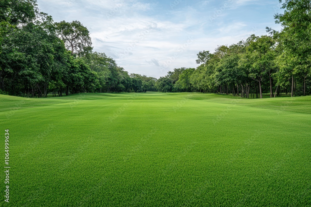Obraz premium A lush green landscape showcases a serene, open field surrounded by trees under a clear sky, perfect for outdoor activities and relaxation.