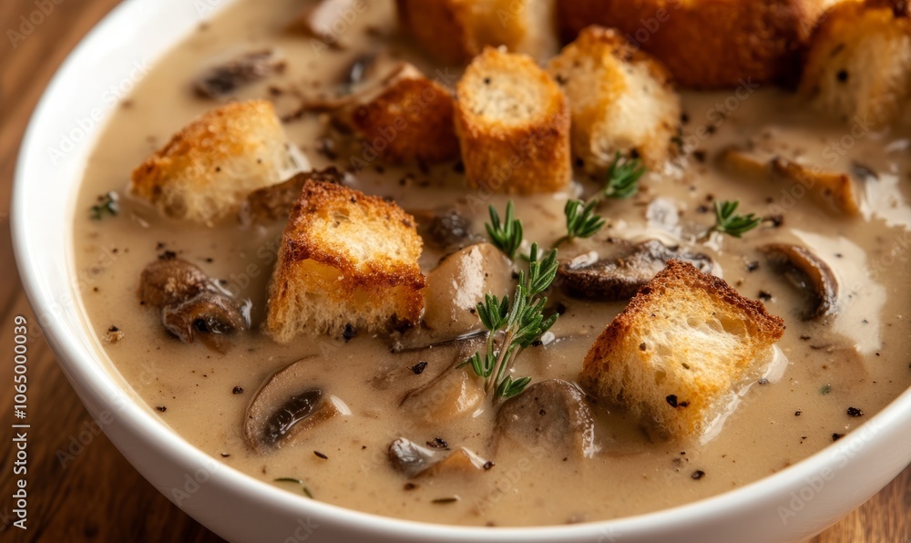 bowl of creamy mushroom soup garnished with fresh thyme and garlic croutons bowl of creamy mushroom soup garnished with fresh thyme and garlic croutons