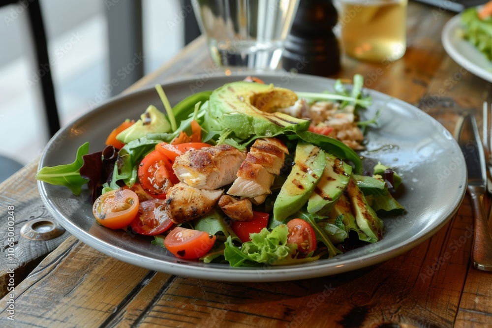 Fresh grilled chicken salad with avocado and cherry tomatoes Fresh grilled chicken salad with avocado and cherry tomatoes