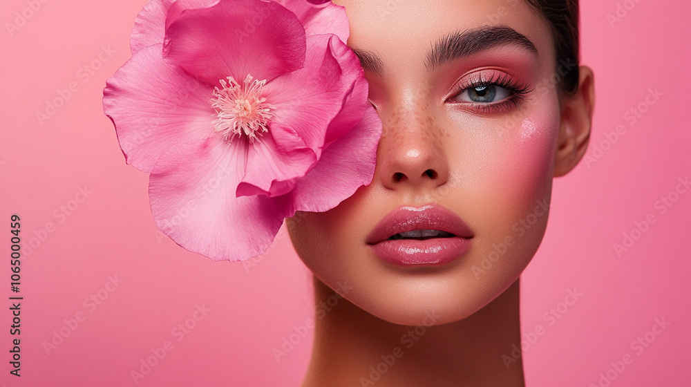 Fototapeta premium Beautiful young woman with flowers and petals on her face. Beauty parlor horizontal banner concept, copyspace Pink background. 