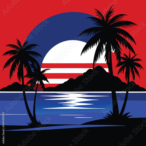 Tropical sunset vector illustration bold color silhouette landscape perfect for posters