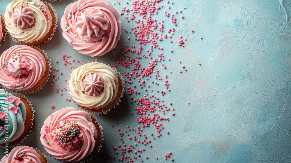 Fototapeta premium Pink and Blue Cupcakes with Sprinkles on a Light Blue Background