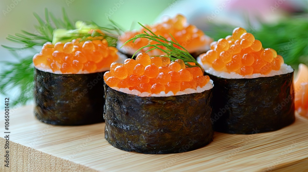 Fresh Sushi Rolls with Vibrant Fish Roe Topping Fresh Sushi Rolls with Vibrant Fish Roe Topping