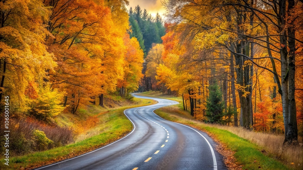 Naklejka premium Scenic Autumn Drive: Winding Road Curves Through Vibrant Foliage Trees in Latvia, Capturing the Essence of Minimalist Photography and Nature's Beauty in Fall